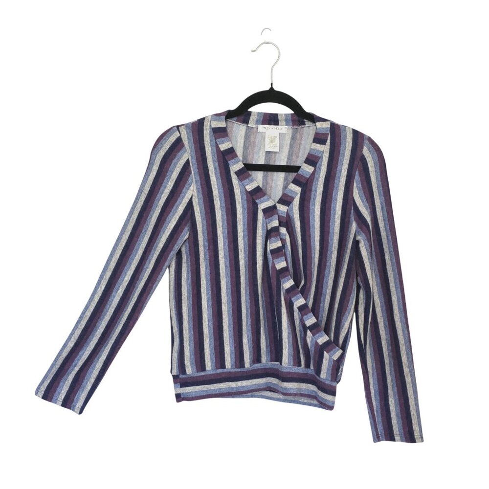 Miley & Molly Womens Striped Long Sleeve Blouse Top Small Wrap V Neck Purple Blu